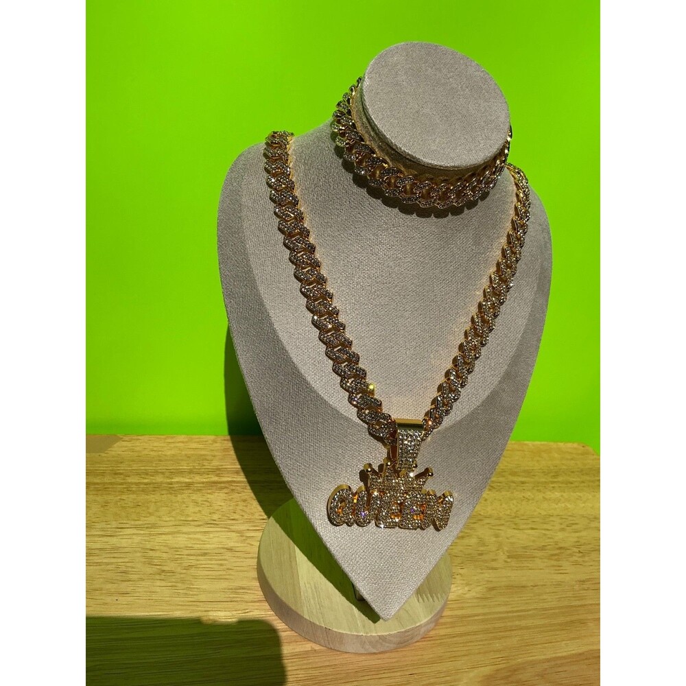 New Queen Pendant Necklace Bracelet Lot Hip Hop Iced 20” Inches CZ Punk Chain